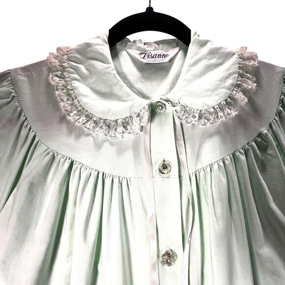 Vtg Lisanne Mint Green Button Down Housecoat Robe Lace Collar Pockets Cotton SS - Picture 7 of 16